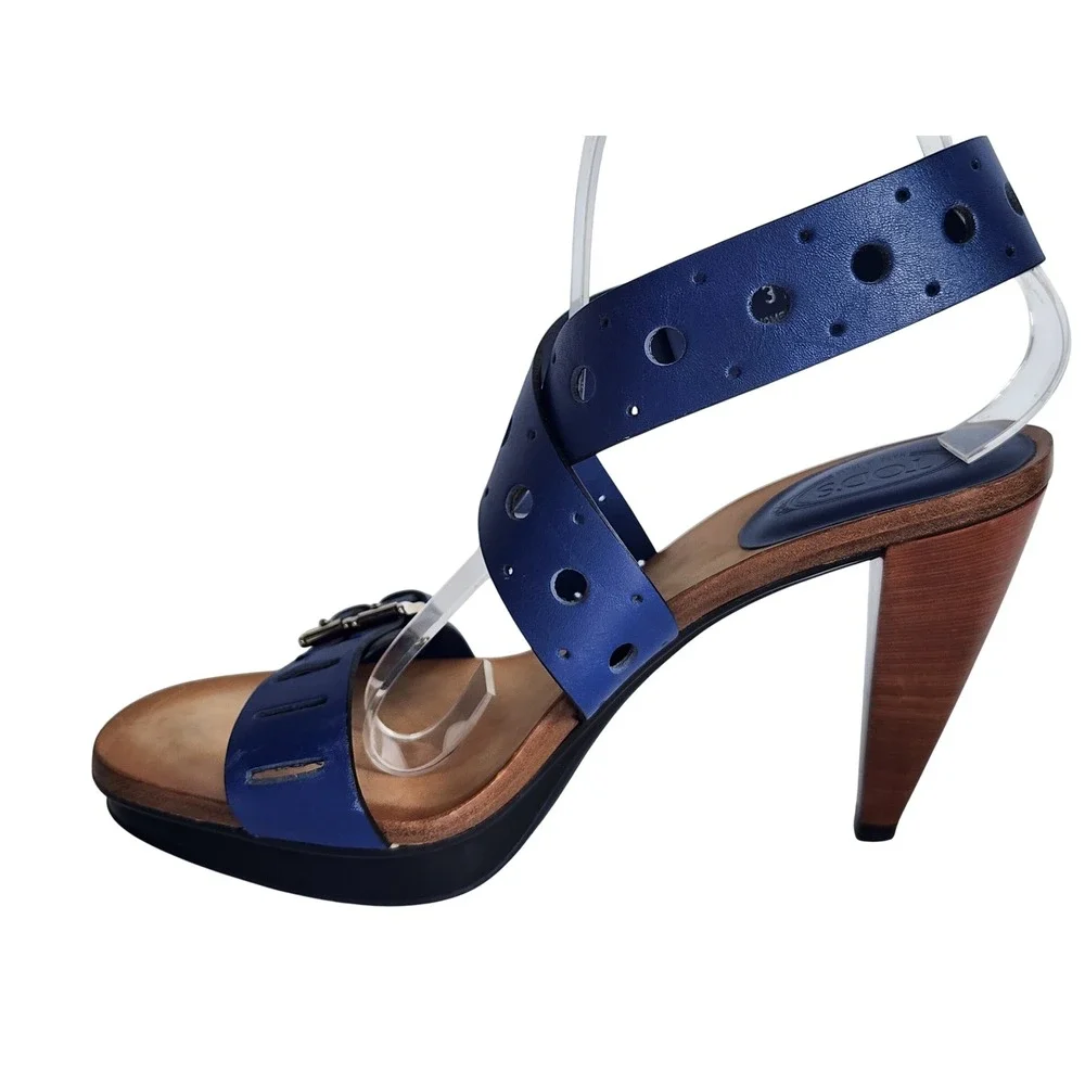 Tod's Blue Leather Perforated Buckle Platform Sandals Heels 37.5 Made in Italy